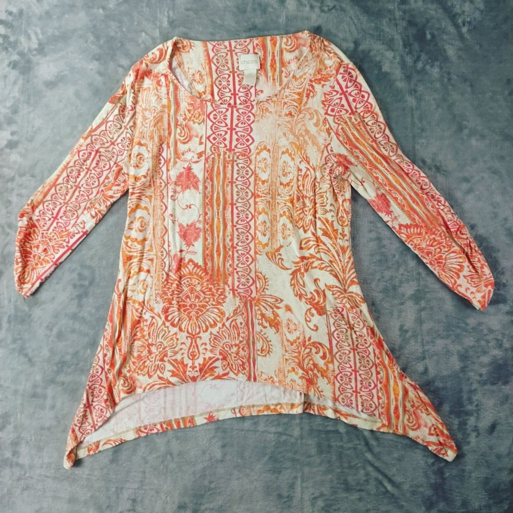 Chicos Womens Tunic Top S Orange Pink Paisley Stretch Rayon High Low Boho Artsy